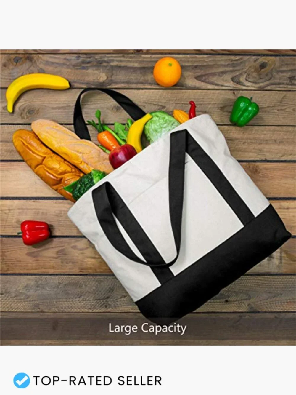 Canvas Tote Bag with External Pocket Reusable Grocery Shopping Top Zipper